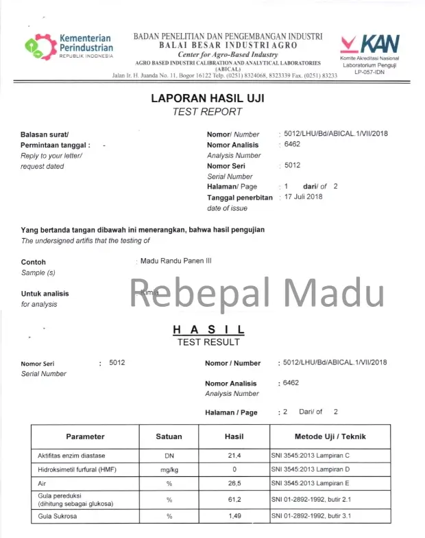 Hasil Uji Lab Madu Rebepal